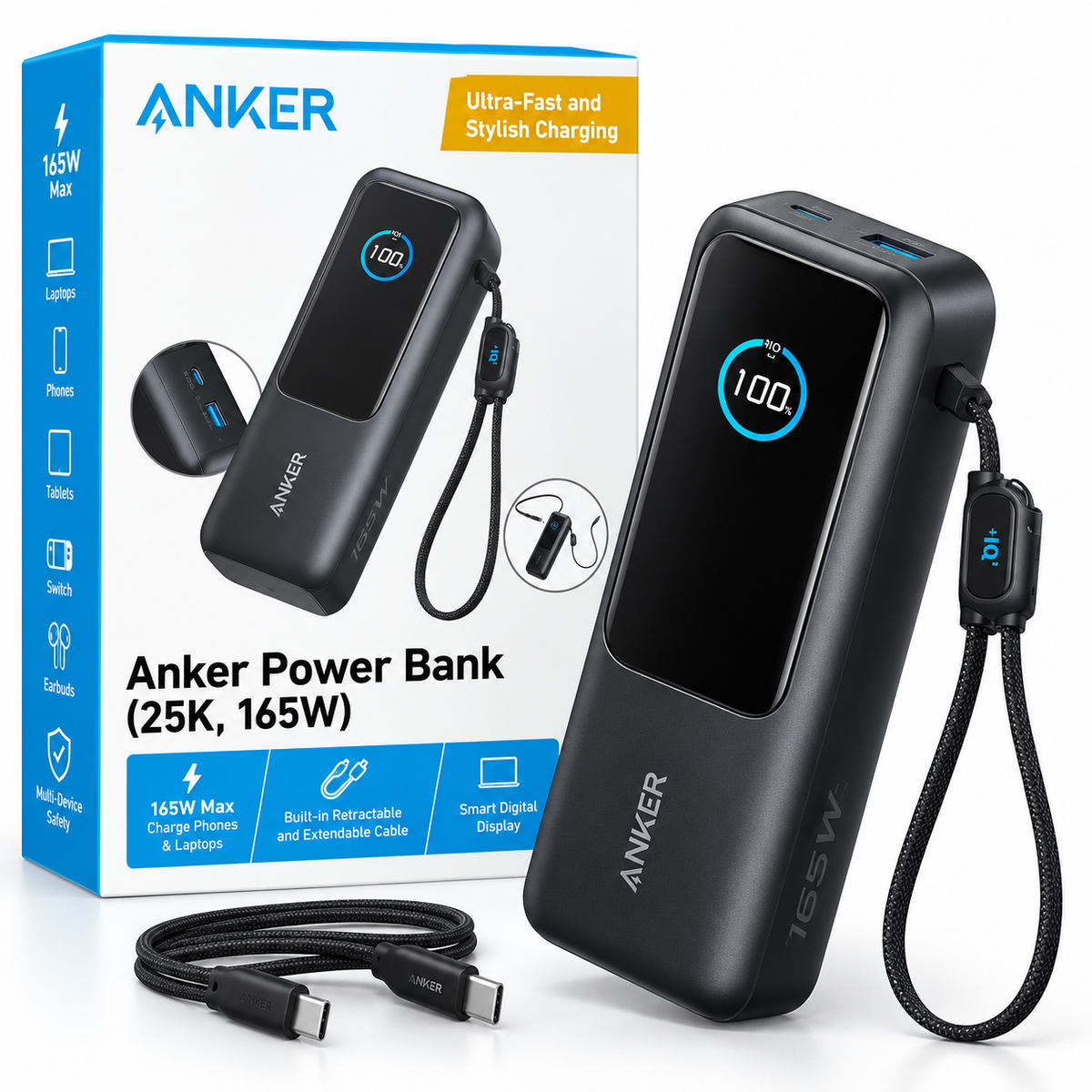 Anker Laptop Power Bank (25k 165W) Built in and Retractable Cable